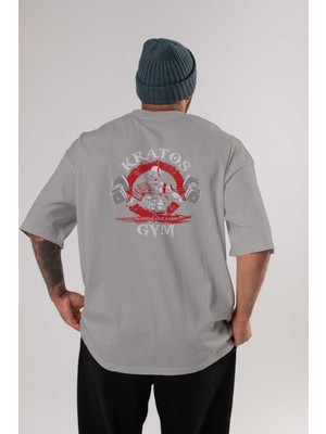 Ankhises Kratos Gym Arka Baskılı Gri Oversize T-Shirt Bisiklet Yaka Pamuk Erkek Kadın