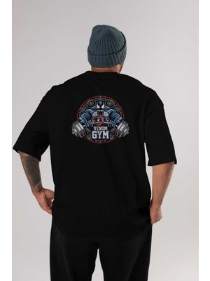 ankhisesVenom Gym Arka Baskılı Siyah Oversize T-Shirt Bisiklet Yaka Pamuk Erkek Kadın