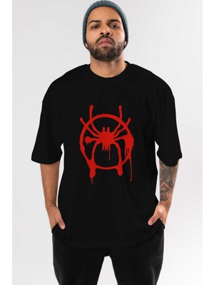 ankhisesSpiderman (32) Ön Baskılı Siyah Oversize T-Shirt Bisiklet Yaka Erkek Kadın