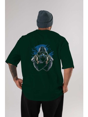 Ankhises Graffiti Gasmask Arka Baskılı Zümrüt Yeşili Oversize T-Shirt Unisex Erkek Kadın Bisiklet Yaka
