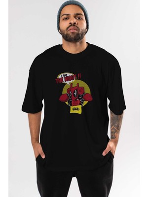 ankhisesDeadpool (1) Ön Baskılı Siyah Oversize T-Shirt Bisiklet Yaka Erkek Kadın