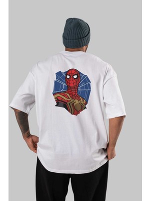ankhisesSpiderman (29) Arka Baskılı Beyaz Oversize T-Shirt Bisiklet Yaka Pamuk Erkek Kadın