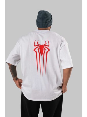 ankhisesSpiderman Arka Baskılı Beyaz Oversize T-Shirt  Erkek Kadın Bisiklet Yaka