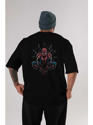 ankhisesSpiderman (15) Arka Baskılı Siyah Oversize T-Shirt Bisiklet Yaka Pamuk Erkek Kadın