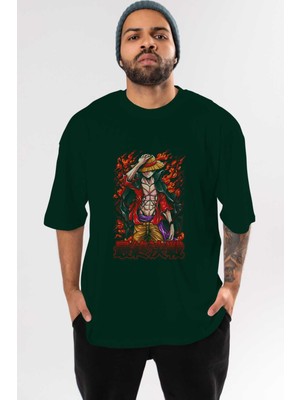 Ankhises Monkey D. Luffy (3) Anime Ön Baskılı Zümrüt Yeşili Oversize T-Shirt Erkek Kadın