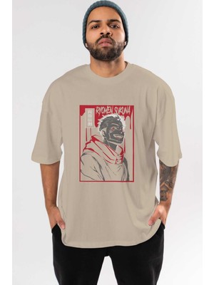 Ankhises Sukuna Anime Ön Baskılı Bej Oversize T-Shirt Erkek Kadın