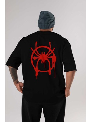 ankhisesSpiderman (32) Arka Baskılı Siyah Oversize T-Shirt Bisiklet Yaka Pamuk Erkek Kadın