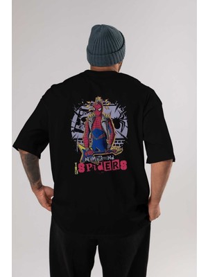 ankhisesSpiderman Rock Arka Baskılı Siyah Oversize T-Shirt Bisiklet Yaka Pamuk Erkek Kadın
