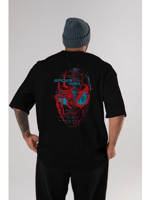ankhisesSpiderman (14) Arka Baskılı Siyah Oversize T-Shirt Bisiklet Yaka Pamuk Erkek Kadın