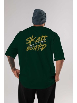 Ankhises Skate Board Arka Baskılı Zümrüt Yeşili Oversize T-Shirt Erkek Kadın Bisiklet Yaka