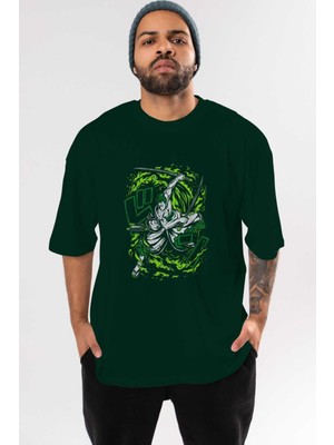 Ankhises Zoro-One Pıece (2) Anime Ön Baskılı Zümrüt Yeşili Oversize T-Shirt Erkek Kadın