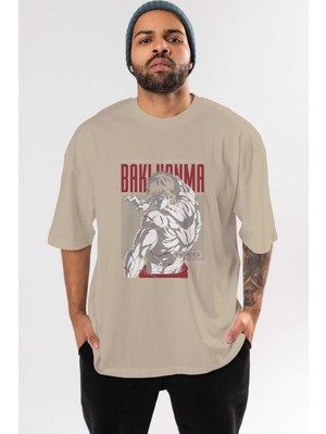 Ankhises Bakı Hanma Anime Ön Baskılı Bej Oversize T-Shirt Erkek Kadın