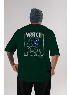 Ankhises Watch Carefully Bear Arka Baskılı Zümrüt Yeşili Oversize T-Shirt Erkek Kadın Bisiklet Yaka