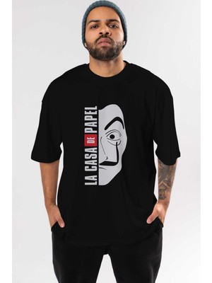 ankhisesLa Casa De Papel (3) Ön Baskılı Siyah Oversize T-Shirt Bisiklet Yaka Erkek Kadın