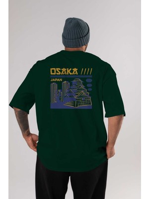 Ankhises Osaka Arka Baskılı Zümrüt Yeşili Oversize T-Shirt Erkek Kadın Bisiklet Yaka