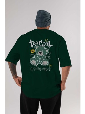 Ankhises Too Cool Bear Arka Baskılı Zümrüt Yeşili Oversize T-Shirt Erkek Kadın Bisiklet Yaka