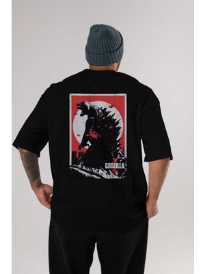 ankhisesGodzilla (2) Arka Baskılı Siyah Oversize T-Shirt Bisiklet Yaka Pamuk Erkek Kadın
