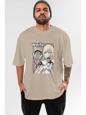 Ankhises Waifu Pushup Anime Ön Baskılı Bej Oversize T-Shirt Erkek Kadın