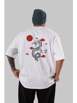 ankhises Chinese Dragon Arka Baskılı Beyaz Oversize T-Shirt Erkek Kadın Bisiklet Yaka