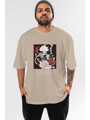 Ankhises Kakashı Hatake Naruto Anime Ön Baskılı Bej Oversize T-Shirt Erkek Kadın