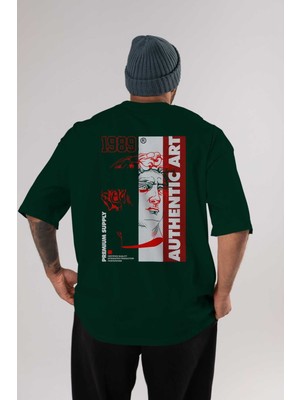 Ankhises Authentic Art Arka Baskılı Zümrüt Yeşili Oversize T-Shirt Unisex Erkek Kadın Bisiklet Yaka