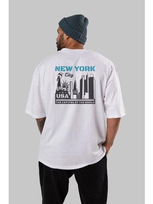 ankhises New York Arka Baskılı Beyaz Oversize T-Shirt  Erkek Kadın Bisiklet Yaka