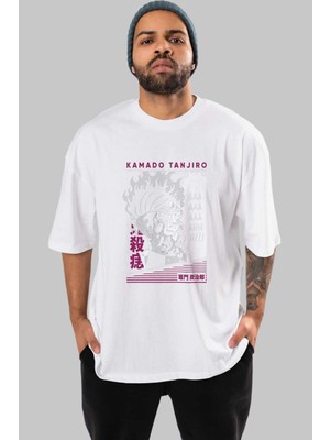 ankhises Tanjıro Kamado 3 Anime Ön Baskılı Beyaz Oversize T-Shirt Erkek Kadın