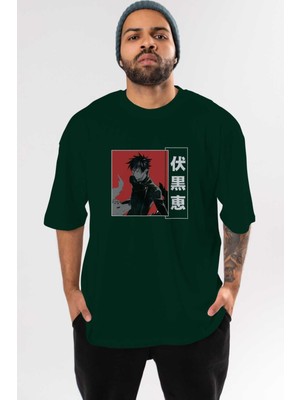 Ankhises Megumi Fushiguro Anime Ön Baskılı Zümrüt Yeşili Oversize T-Shirt Erkek Kadın