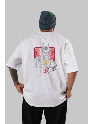 ankhisesBatman (12) Arka Baskılı Beyaz Oversize T-Shirt Bisiklet Yaka Pamuk Erkek Kadın