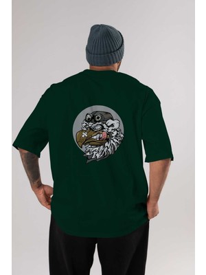 Ankhises Bird Pilot Arka Baskılı Zümrüt Yeşili Oversize T-Shirt Unisex Erkek Kadın Bisiklet Yaka
