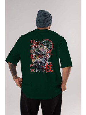 Ankhises Demon Slayer Slayers Anime Arka Baskılı Zümrüt Yeşili Oversize T-Shirt Pamuk Erkek Kadın