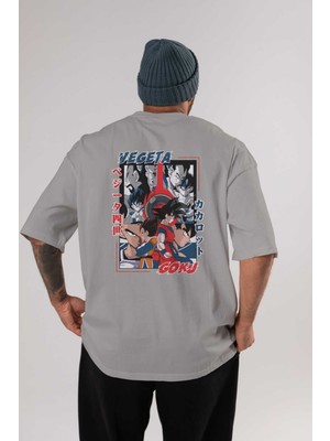 Ankhises Vegeta Vs Goku Anime Arka Baskılı Gri Oversize T-Shirt %100 Pamuk Erkek Kadın
