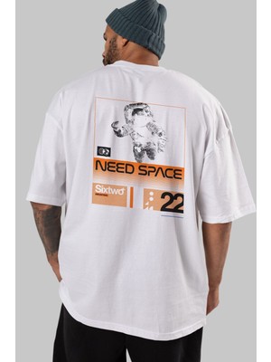 ankhises Need Space Arka Baskılı Beyaz Oversize T-Shirt  Erkek Kadın Bisiklet Yaka