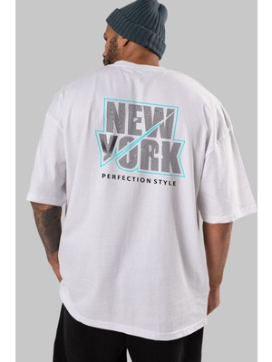 ankhises New York Perfection Arka Baskılı Beyaz Oversize T-Shirt  Erkek Kadın Bisiklet Yaka