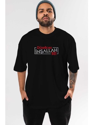 ankhises Düzelicez Inşallah Be Ön Baskılı Siyah Oversize T-Shirt Erkek Kadın Bisiklet Yaka