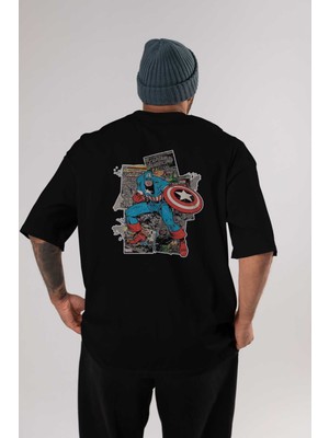 ankhisesCaptain America (2) Arka Baskılı Siyah Oversize T-Shirt Bisiklet Yaka Pamuk Erkek Kadın