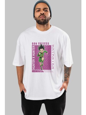 ankhises Gon Freecss Hunter x Hunter 3 Anime Ön Baskılı Beyaz Oversize T-Shirt Erkek Kadın