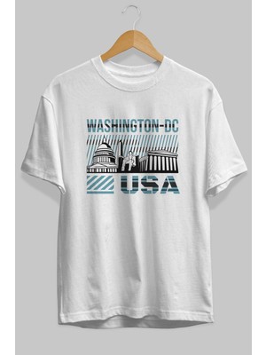 ankhises Washington Dc Ön Baskılı Beyaz Oversize T-Shirt  Erkek Kadın Bisiklet Yaka