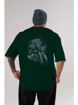 Ankhises Samurai Ride Arka Baskılı Zümrüt Yeşili Oversize T-Shirt Erkek Kadın Bisiklet Yaka