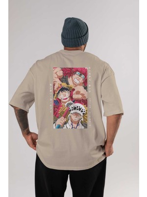 Ankhises Super Novas One Piece Anime Arka Baskılı Bej Oversize T-Shirt %100 Pamuk Erkek Kadın