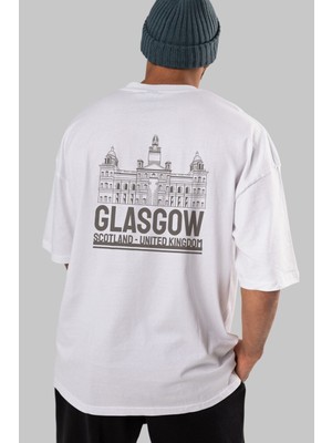 ankhises Glasgow Arka Baskılı Beyaz Oversize T-Shirt  Erkek Kadın Bisiklet Yaka