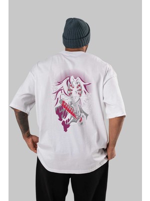 ankhises Kokushibo Anime Arka Baskılı Beyaz Oversize T-Shirt  Pamuk Erkek Kadın