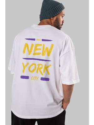 ankhisesNew York City 2 Arka Baskılı Beyaz Oversize T-Shirt Erkek Kadın Bisiklet Yaka