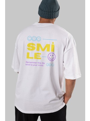 ankhises Smile Yazılı 2 Arka Baskılı Beyaz Oversize T-Shirt Erkek Kadın Bisiklet Yaka