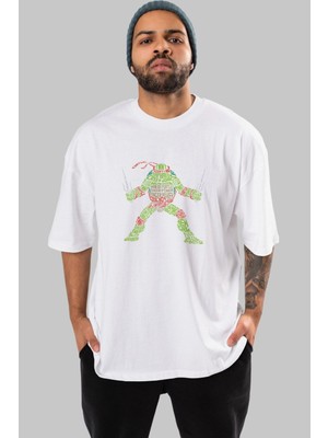 ankhisesNinja Turtle Ön Baskılı Beyaz Oversize T-Shirt  Erkek Kadın Bisiklet Yaka