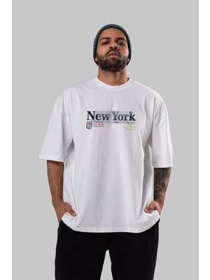ankhises New York 96 Ön Baskılı Beyaz Oversize T-Shirt  Erkek Kadın Bisiklet Yaka