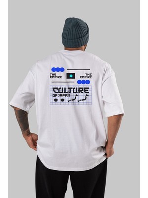 ankhises The Empire Culture Japan Arka Baskılı Beyaz Oversize T-Shirt  Erkek Kadın Bisiklet Yaka