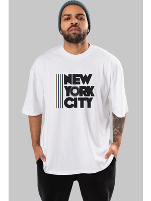 ankhises New York City Style Ön Baskılı Beyaz Oversize T-Shirt  Erkek Kadın Bisiklet Yaka