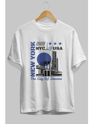 ankhises New York Ön Baskılı Beyaz Oversize T-Shirt  Erkek Kadın Bisiklet Yaka