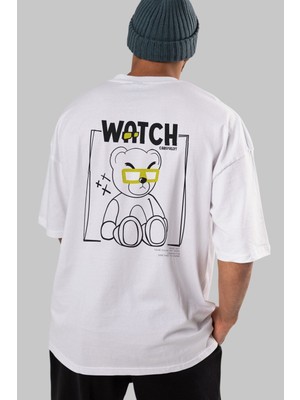 ankhises Watch Carefully Bear Arka Baskılı Beyaz Oversize T-Shirt  Erkek Kadın Bisiklet Yaka